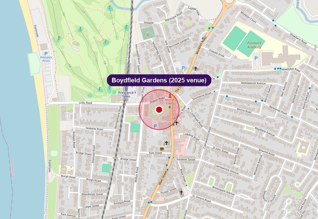 Map showing Boydfield Gardens, Prestwick — the 2025 Prestmas venue